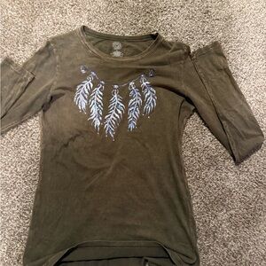 Jack Flash Olive Feather Design Long Sleeve Top sparkles on front and back